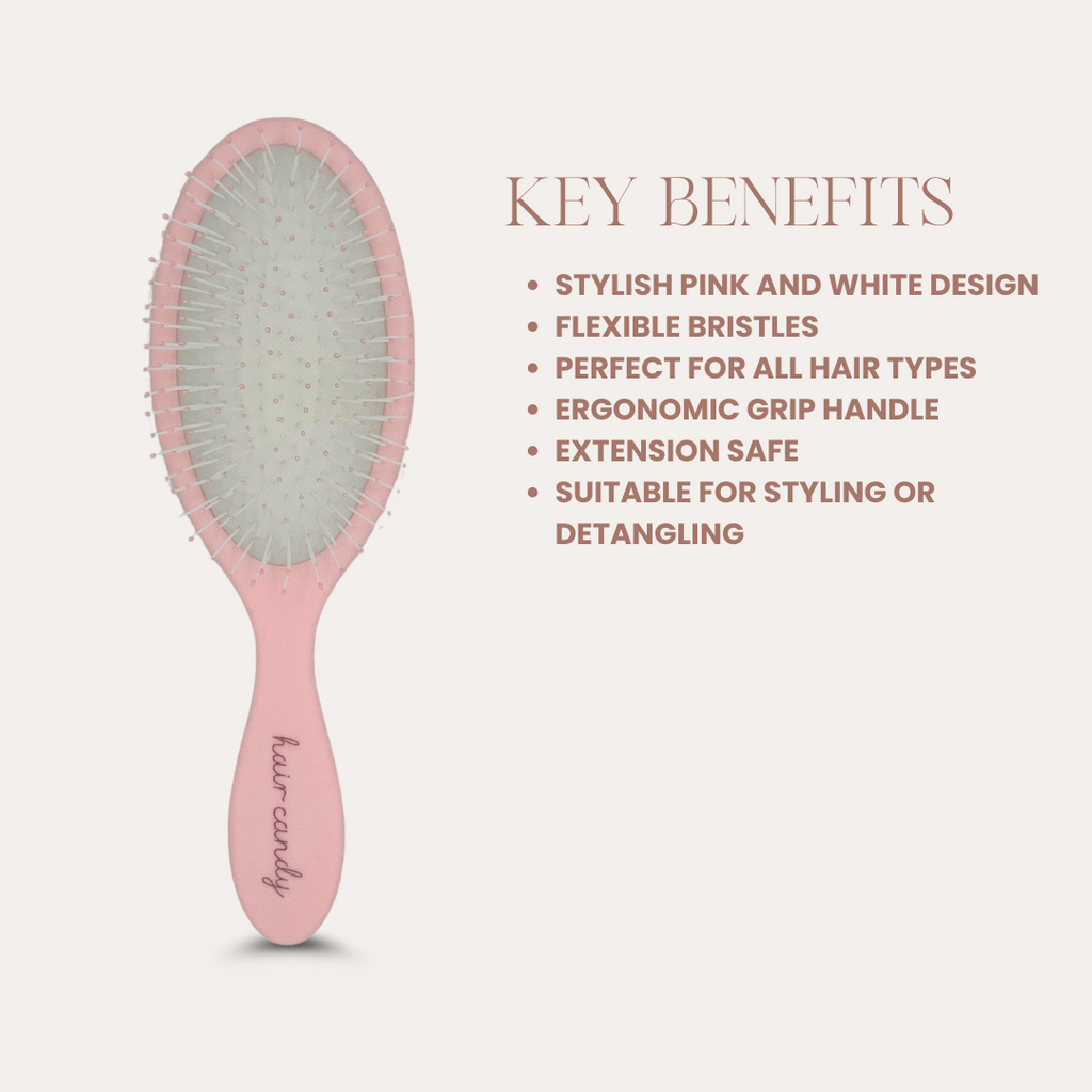 Pink hairbrush with key benefits listed on a light gray background