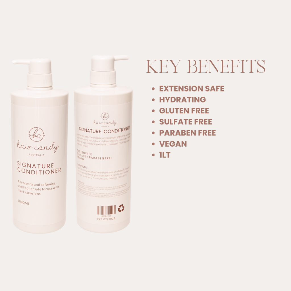 Two bottles of 'hair candy' conditioner with key benefits listed on a white background