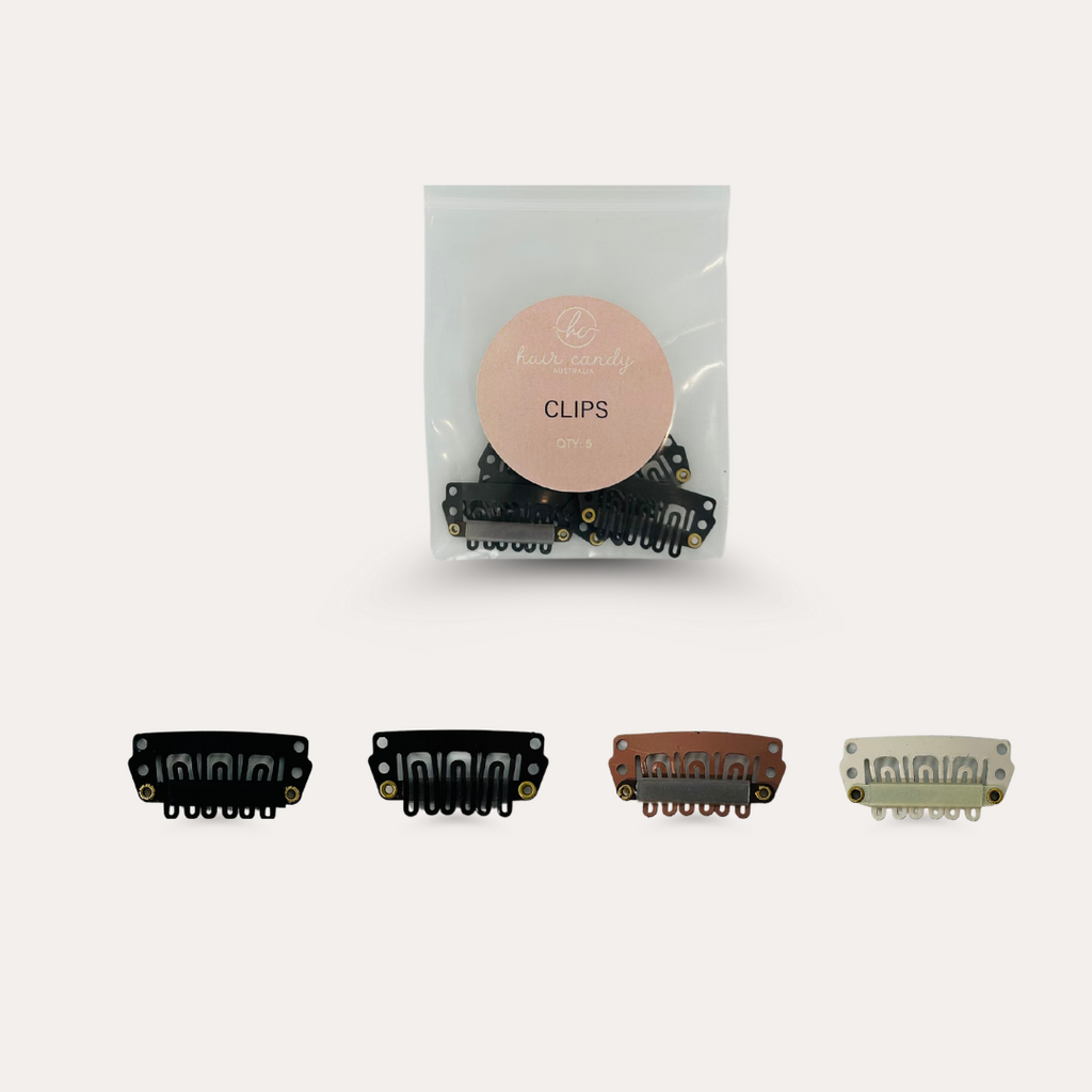 A set of clip-in hair extension clips in various colors including blonde, light brown, dark brown, and black, presented in a clear packaging labeled 'CLIPS'.