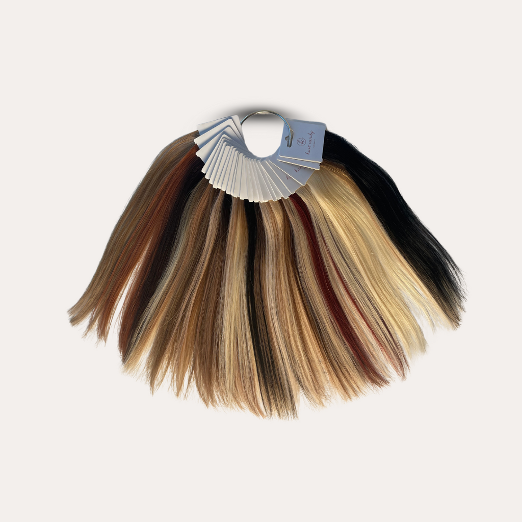 Labelled swatches on Hair Candy Colour Ring showing shade names and numbers
