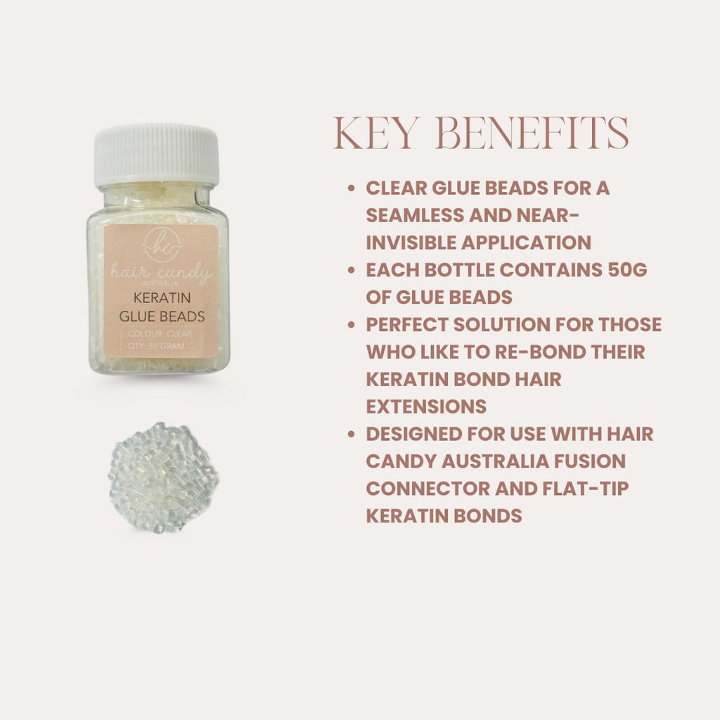 Key benefits of Hair Candy Keratin Bonds Bonding Glue – clear beads, invisible finish, durable bond