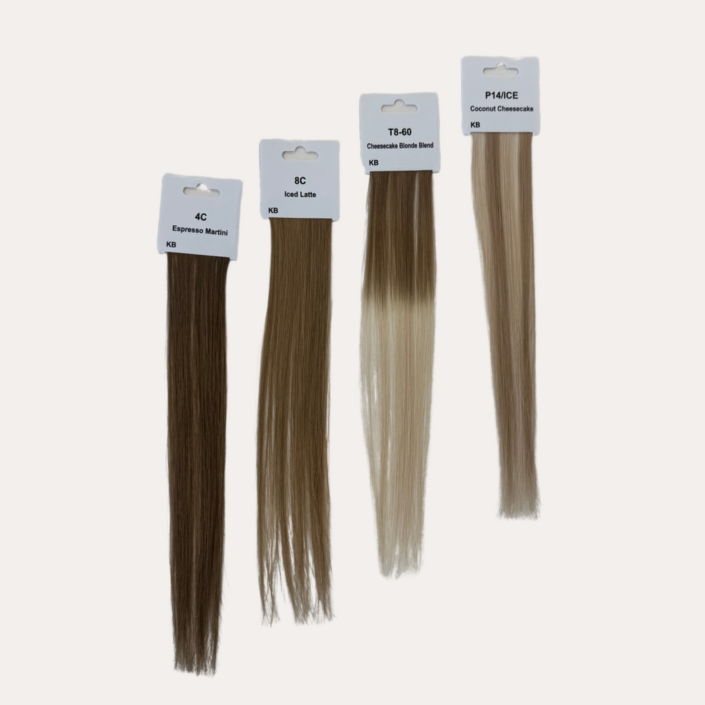 Set of hair extensions with packaging labels on a white background
