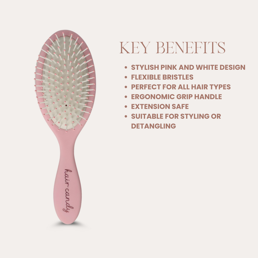Key benefits of Hair Candy Signature Brush – flexible bristles, safe on extensions, comfy grip