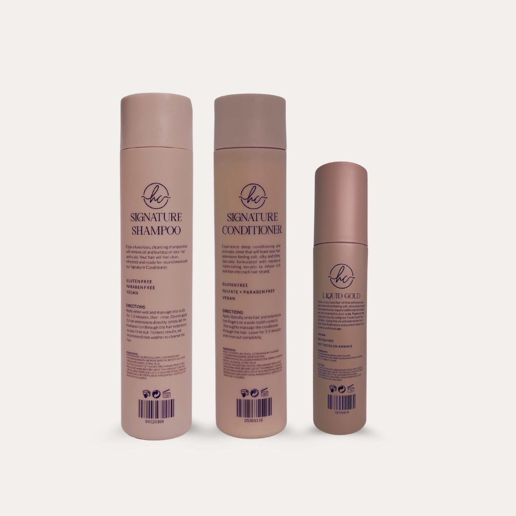 Signature bundle back labels of three products, signature shampoo, signature conditioner and liquid gold 