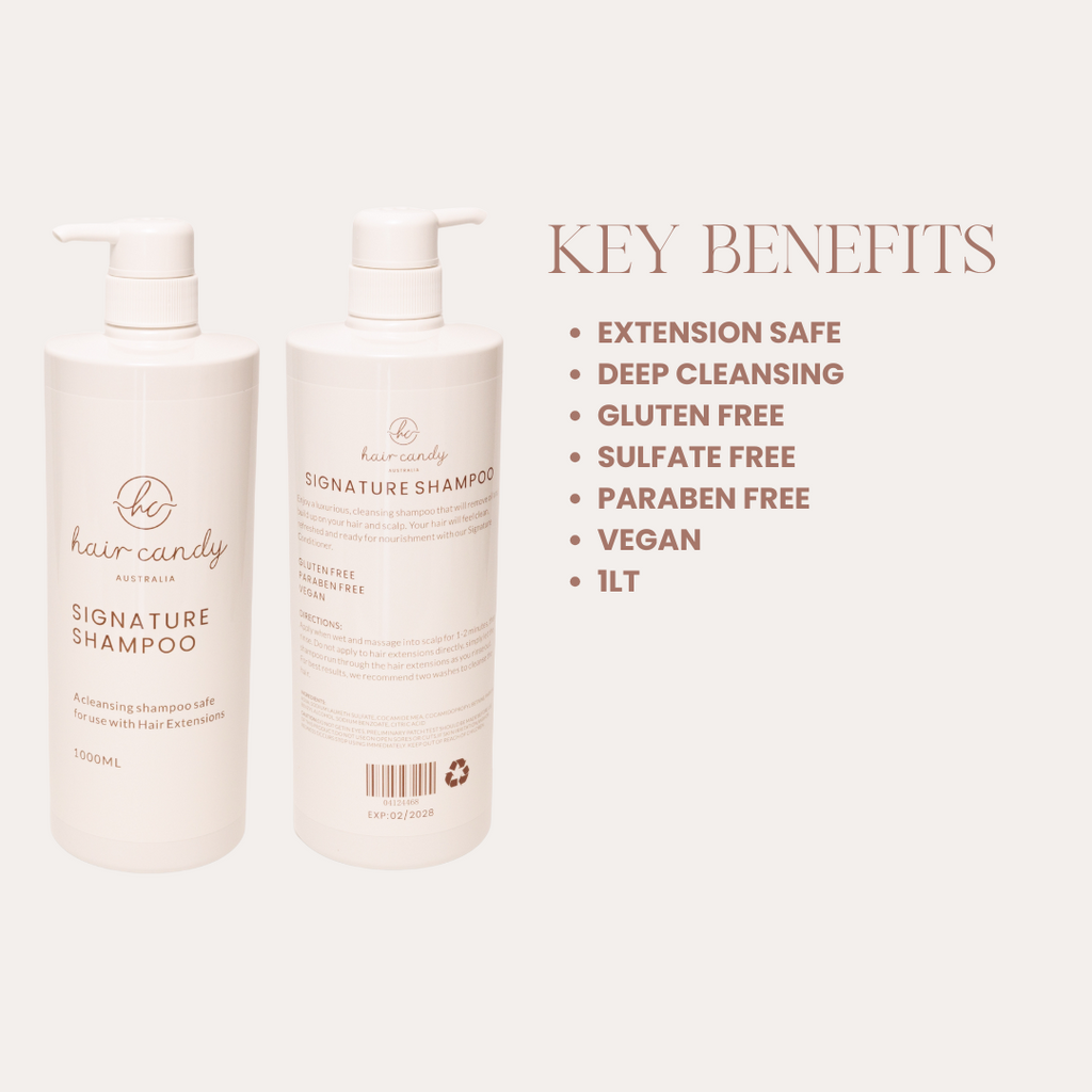 Two bottles of 'The Hair Candy' shampoo with key benefits listed on a white background.