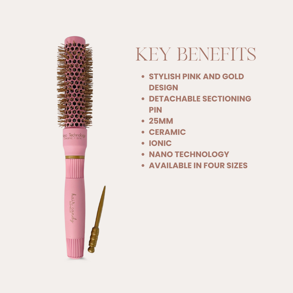 Key benefits of Hair Candy Small Round Brush 25 mm – ceramic ionic barrel, smooth finish, faster blow drying