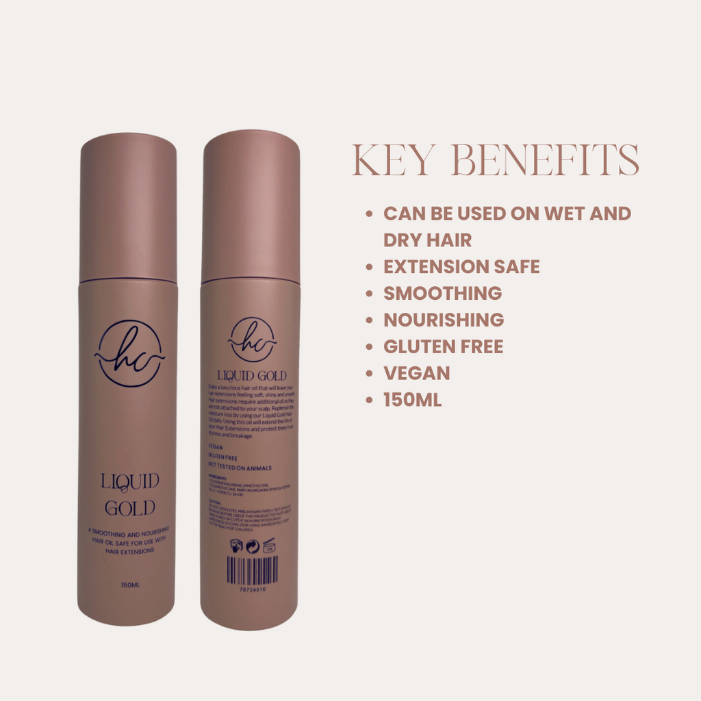 Two bottles of 'Liquid Gold' hair product with key benefits listed on a white background.
