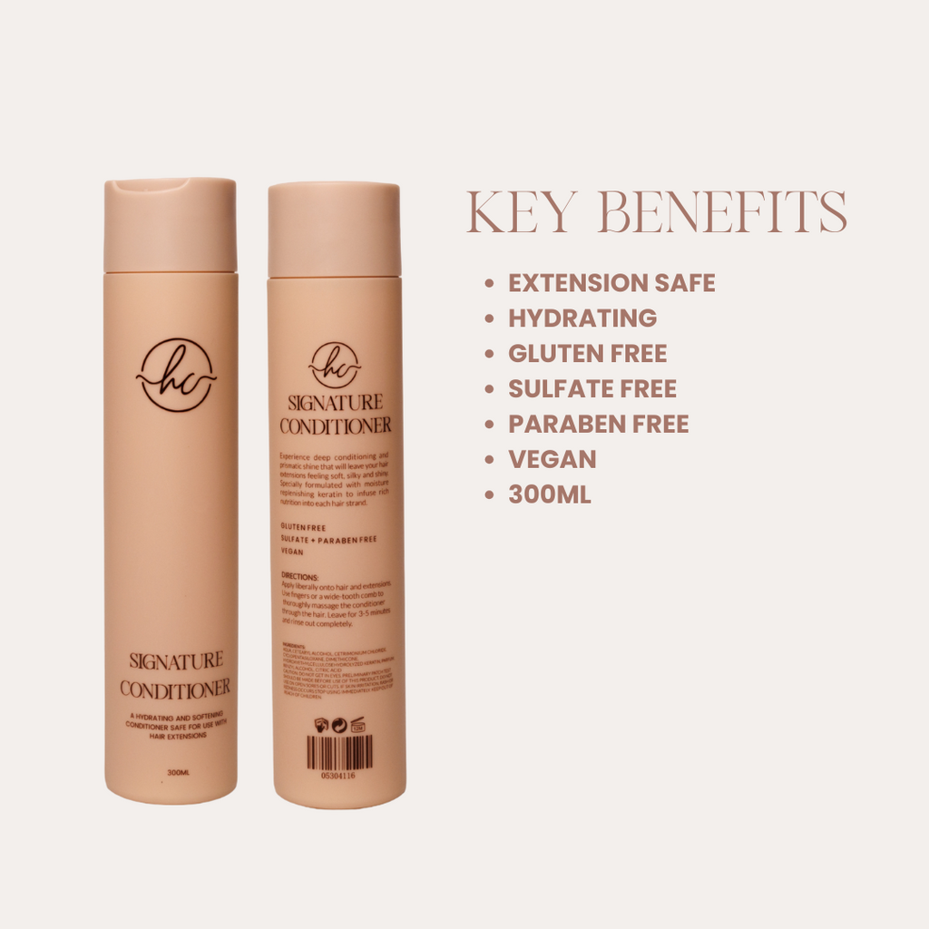 Two bottles of 'Signature Conditioner' with key benefits listed on a beige background