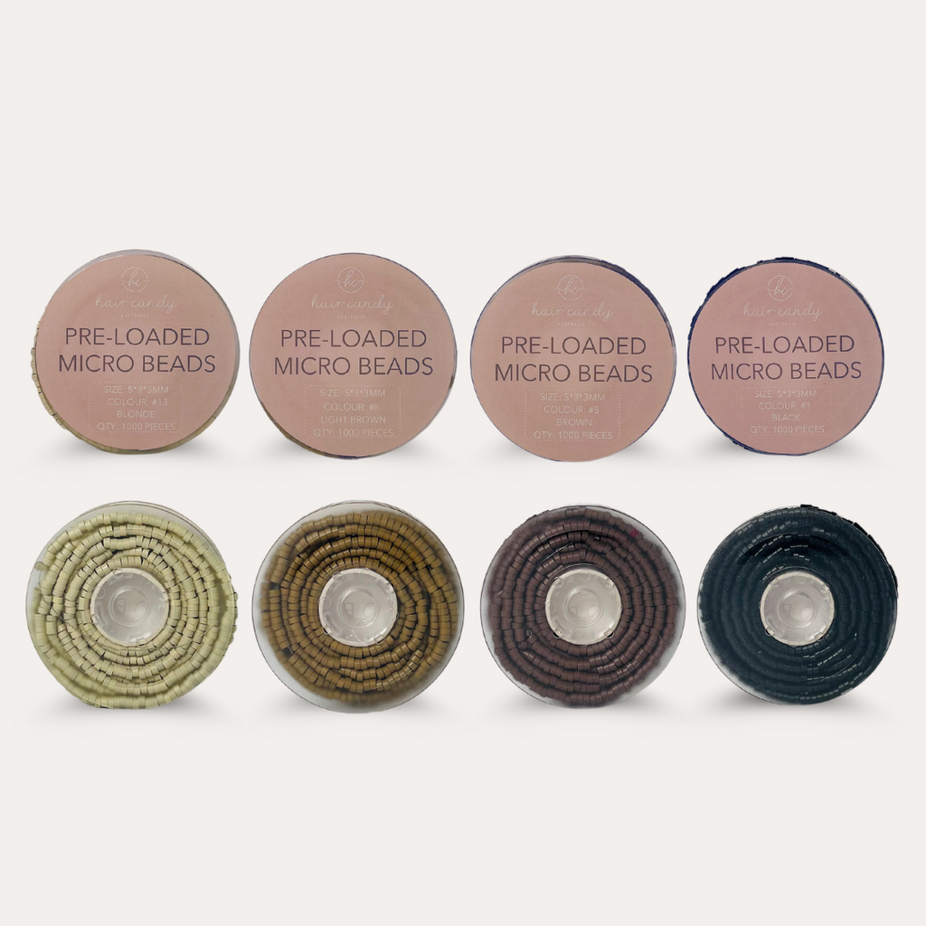 Containers with pre-loaded micro beads in various colors including beige, light brown, brown, and black, designed for hair extension applications.