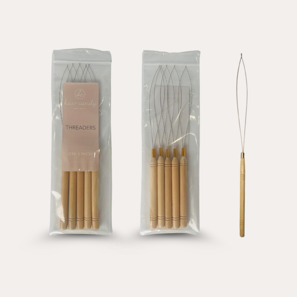 Packaging of Wooden Threaders with individual threaders visible. The threaders have beige wooden handles and silver wires.